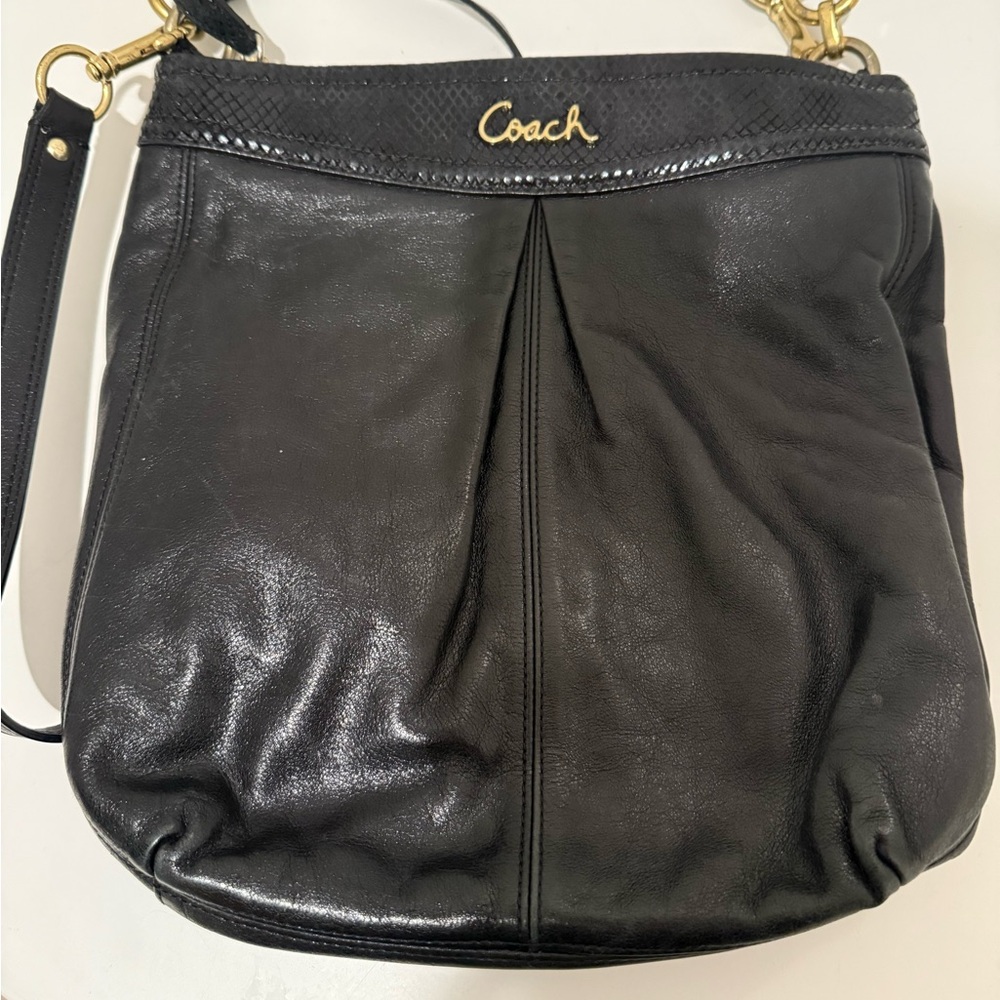 COACH Ashley Hippie Crossbody Satchel Black Leather and Snake Print Trim - Picture 4 of 11